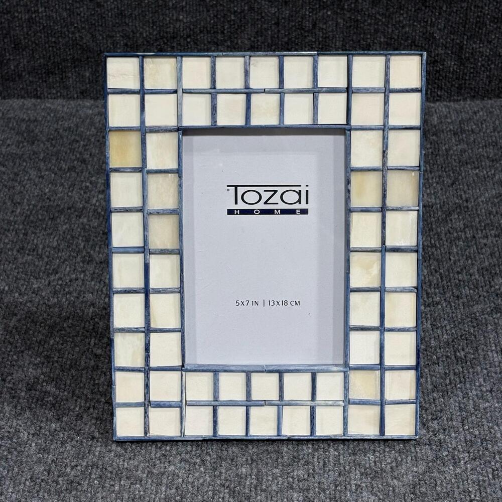 Tozai Home Mosaic Photo Picture Frame 5x7 Wood Tile Beige Blue Handmade In India